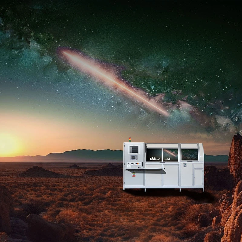 Dimac machine in a futuristic post-atomic background (advertising)