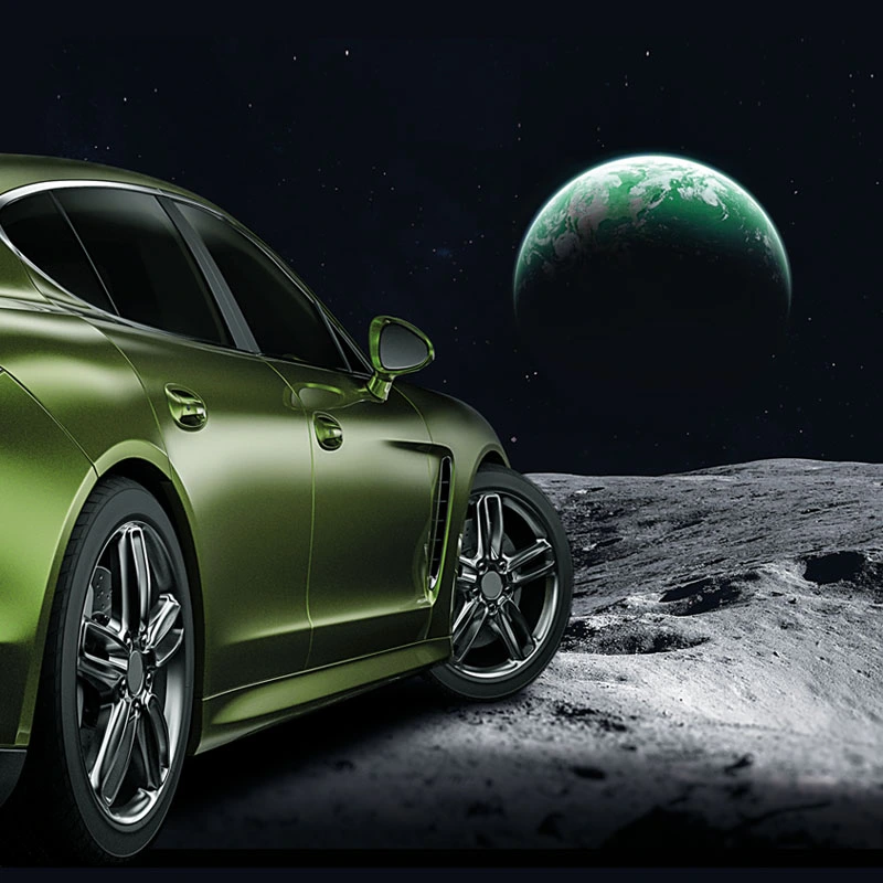 A green car on the moon looking towards the planet earth (advertising)